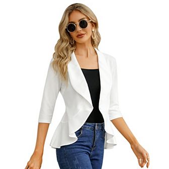 Womens Casual Blazer 3/4 Sleeve Open Front Ruffle Work Office Cardigan Suit Jacket