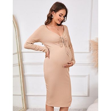 Maternity Ribbed Knit Dress V Neck Adjustable Drawstring Halter Tie Long Sleeve Side Slit Midi Dress