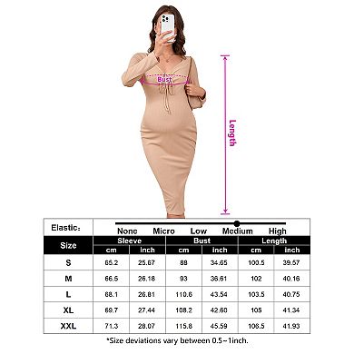 Maternity Ribbed Knit Dress V Neck Adjustable Drawstring Halter Tie Long Sleeve Side Slit Midi Dress