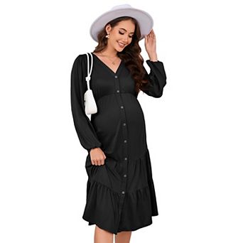 Maternity Ribbed Knit Dress V Neck Adjustable Drawstring Halter Tie Long Sleeve Side Slit Midi Dress