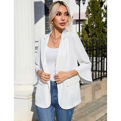 Womens 3/4 Sleeve Blazer Jacket Button Down Office Work Suit With Pockets