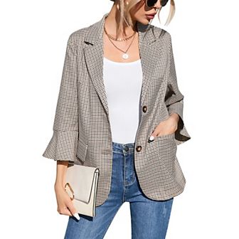 Womens 3/4 Sleeve Blazer Jacket Button Down Office Work Suit With Pockets