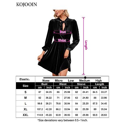 Womens Velvet Bow Tie Neck Long Sleeve High Waist Casual Loose Swing Ruffle  A-line Mini Dresses