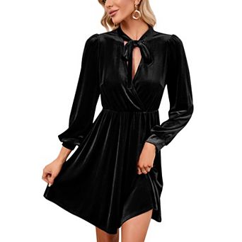 Womens Velvet Bow Tie Neck Long Sleeve High Waist Casual Loose Swing Ruffle A-line Mini Dresses