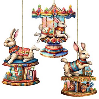 Carousel Bunnies Wooden Christmas Ornaments Set of 3 by G. Debrekht - Christmas Decor