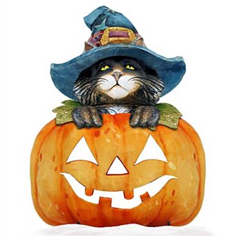 32-Inch Black Cat Pumpkin Halloween Outdoor Unique Handcrafted Wooden Porch Decor by G. DeBrekht