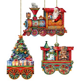 Santa's Train Wooden Christmas Ornaments Set of 3 by G. Debrekht - Christmas Decor
