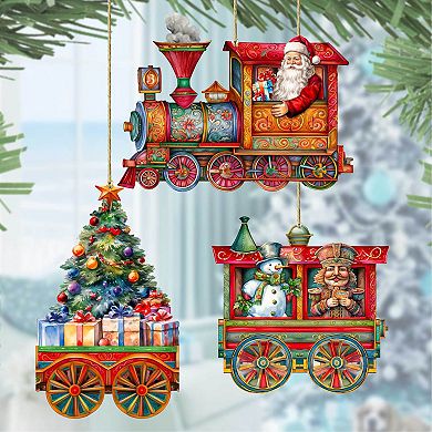 Santa's Train Wooden Christmas Ornaments Set of 3 by G. Debrekht - Christmas Decor