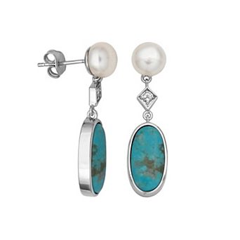 Classic Treasures Sterling Silver Genuine Turquoise White Mother-of-Pearl and White Topaz Dangle Earrings