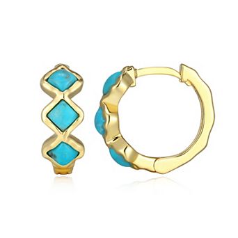 Classic Treasures 18k Gold Over Silver Stabilized Turquoise 3-Stone Hoop Earrings