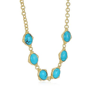 18k Gold Over Silver Stabilized Turquoise Cabochon Link Necklace