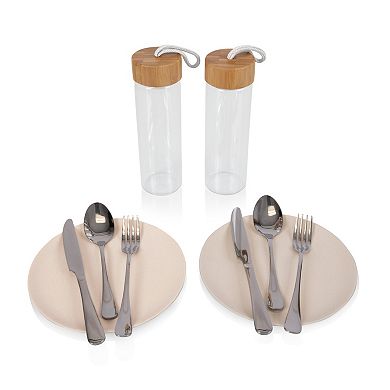 Picnic Time Carmel Roll-Top Picnic Backpack Cooler with Utensil Set & Glass Water Bottles