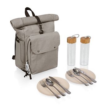 Picnic Time Carmel Roll-Top Picnic Backpack Cooler with Utensil Set & Glass Water Bottles