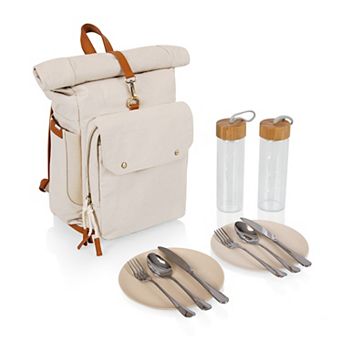 Picnic Time Carmel Roll-Top Picnic Backpack Cooler with Utensil Set & Glass Water Bottles