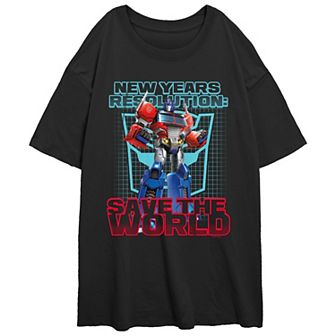 Juniors' Transformers New Year's Resolution Save The World Oversized Graphic Tee