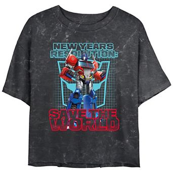 Juniors' Transformers New Year's Resolution Save The World Cropped Graphic Tee