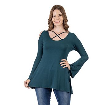 Women's 24Seven Comfort Apparel Criss Cross Cold Shoulder Long Sleeve Top