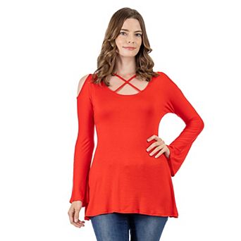 Women's 24Seven Comfort Apparel Criss Cross Cold Shoulder Long Sleeve Top