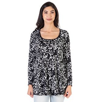 Women's 24Seven Comfort Apparel Floral Black Long Sleeve Tunic Top
