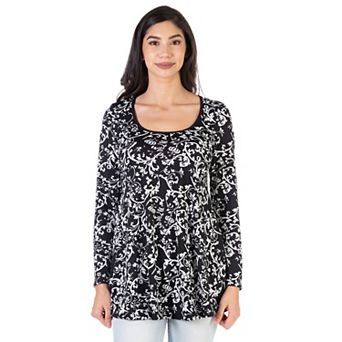 Women's 24Seven Comfort Apparel Floral Black Long Sleeve Tunic Top