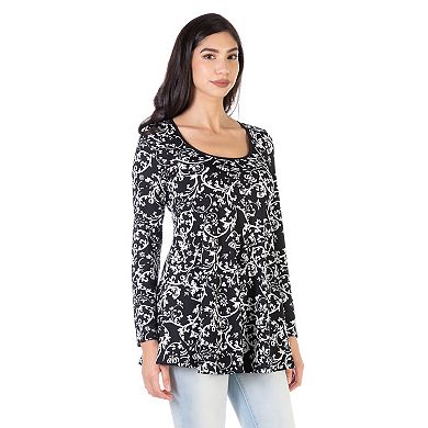 Women's 24Seven Comfort Apparel Floral Black Long Sleeve Tunic Top