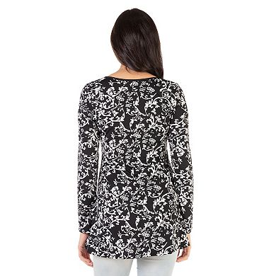 Women's 24Seven Comfort Apparel Floral Black Long Sleeve Tunic Top