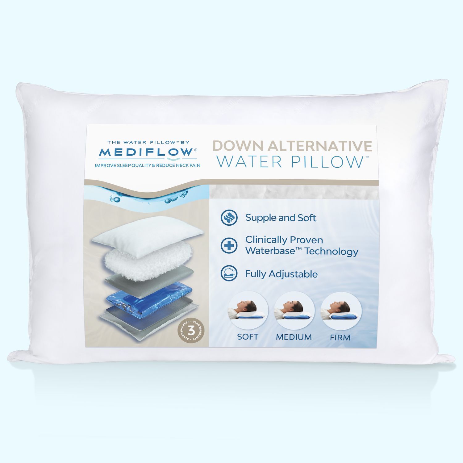 Mediflow Down Alternative Water Pillow, Adjustable Pillow For Sleeping, Neck Pain Relief