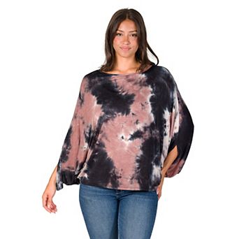 Women's 24Seven Comfort Apparel Mocha Tie Dye Batwing Relaxed Fit Top