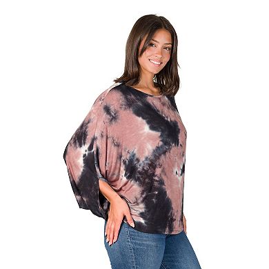 Women's 24Seven Comfort Apparel Mocha Tie Dye Batwing Relaxed Fit Top