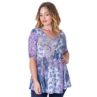 Women's 24seven Comfort Apparel Paisley Print V Neck Henley Tunic Top