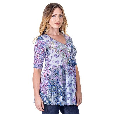 Women's 24seven Comfort Apparel Paisley Print V Neck Henley Tunic Top