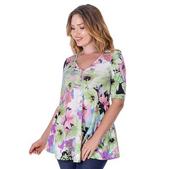 Women's 24seven Comfort Apparel Floral V Neck Henley Tunic Top