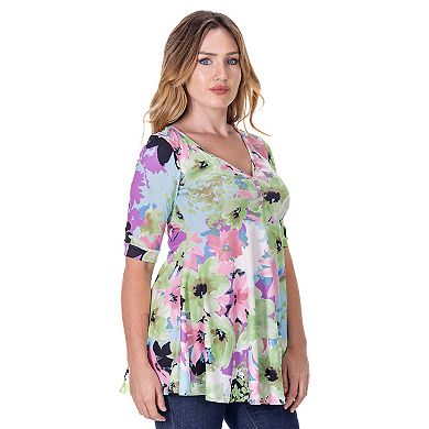 Women's 24seven Comfort Apparel Floral V Neck Henley Tunic Top