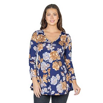 Women's 24Seven Comfort Apparel Floral Long Sleeve V Neck Tunic Top