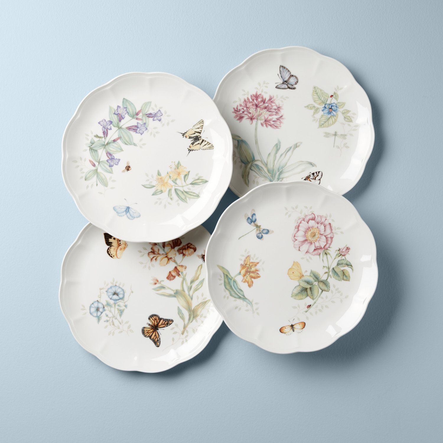 Lenox Butterfly Meadow Cottage - Set Da 4 Piatti Piani In Porcellana. Stile Campestre Con Farfalle. Lavabili In Lavastoviglie.