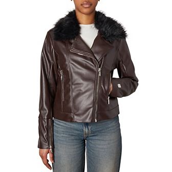 Women's Nicole Miller Faux Leather Moto Jacket With Detachable Faux Fur Trim