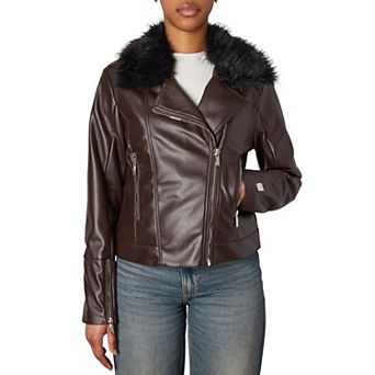 Women's Nicole Miller Faux Leather Moto Jacket With Detachable Faux Fur Trim