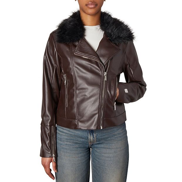 Women s Nicole Miller Faux Leather Moto Jacket With Detachable Faux Fur Trim