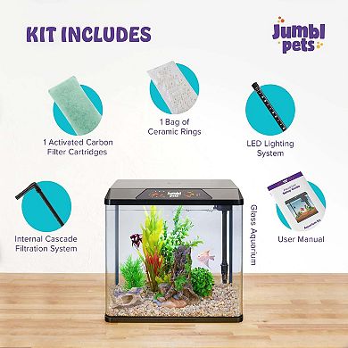 Jumblpets Starter Fish Aquarium Kit, Beginner Glass Fish Tank Kit W/LED Lighting & More (10 Gallon)