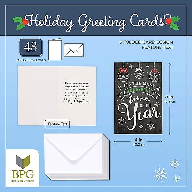 48 Pk Christmas Greeting Cards With Envelopes, Holiday Chalkboard Designs, 4x6
