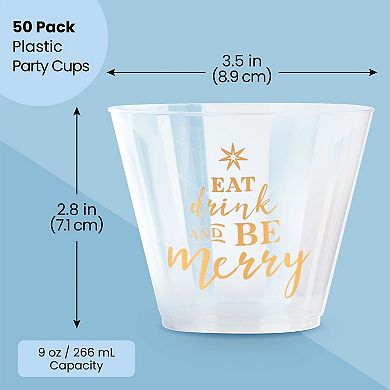 50 Pack Be Merry Plastic Wine Cups Disposable For Christmas Holiday Parties 9oz