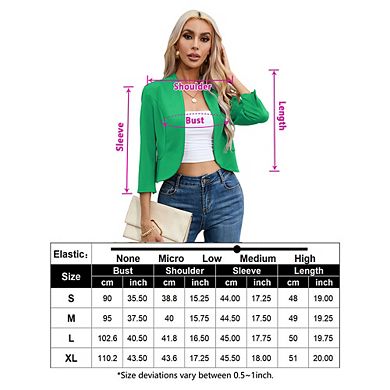 Womens Cropped Blazer Casual Business 3/4 Sleeve Collarless Open Front Cardigan Work Jacket Shrug
