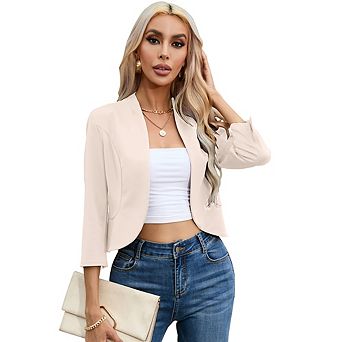 Womens Cropped Blazer Casual Business 3/4 Sleeve Collarless Open Front Cardigan Work Jacket Shrug