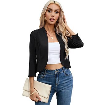 Womens Cropped Blazer Casual Business 3/4 Sleeve Collarless Open Front Cardigan Work Jacket Shrug