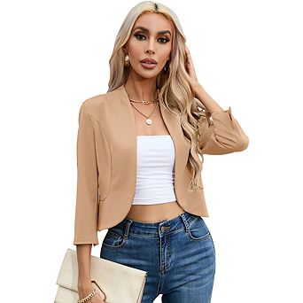 Womens Cropped Blazer Casual Business 3/4 Sleeve Collarless Open Front Cardigan Work Jacket Shrug