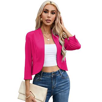 Womens Cropped Blazer Casual Business 3/4 Sleeve Collarless Open Front Cardigan Work Jacket Shrug