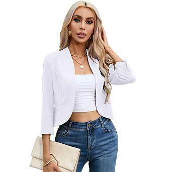 Womens Cropped Blazer Casual Business 3/4 Sleeve Collarless Open Front Cardigan Work Jacket Shrug
