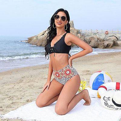 Women s Bikini Set Fashion Floral Two Piece Swimsuit Lace Up High Waisted Tummy Control Bathing Suit