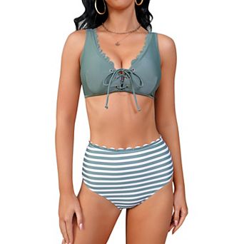 Women's Bikini Set Fashion Floral Two Piece Swimsuit Lace Up High Waisted Tummy Control Bathing Suit