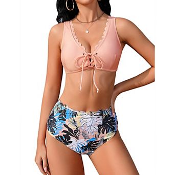 Women's Bikini Set Fashion Floral Two Piece Swimsuit Lace Up High Waisted Tummy Control Bathing Suit
